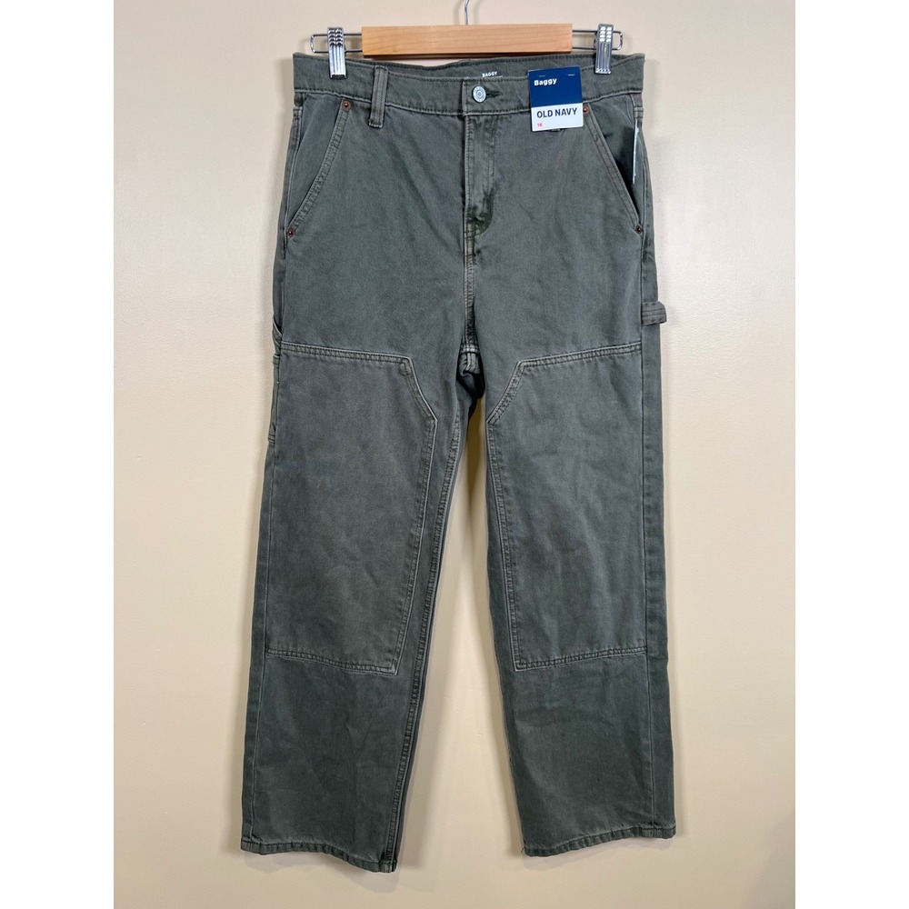 Old Navy Baggy Carpenter Pants Kids 16 Olive Green Loose Double Knee Utility